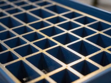 Macro detail shot of blue GRP structural grating grid, golden yellow highlight lines, high-contrast industrial lighting, 35mm