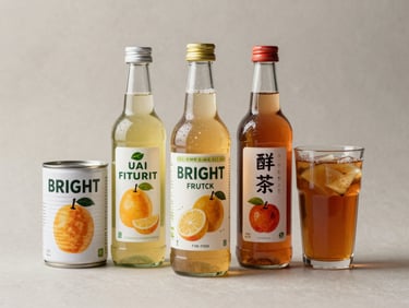 Bright studio packshot of imported canned fruit sodas and ready-to-drink tea, clean design, neutral background.