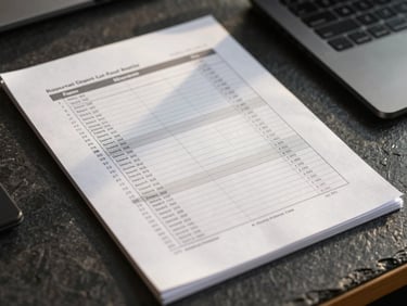 Tight macro crop of structured financial ledger sheets and legal documents resting on a dark slate desk under sharp, warm late-afternoon sunlight.