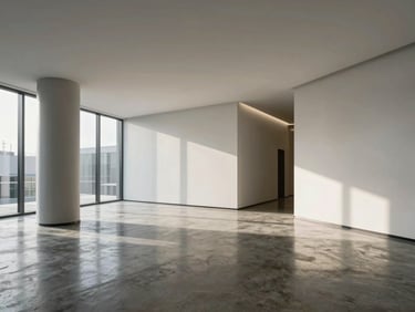 Clean, modern office interior with sharp architectural lines, natural light streaming across a concrete floor, reflecting permanence and stability.