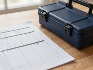 Close-up of structured business documents and a physical tender toolkit on a wooden desk, soft natural light, professional setting.