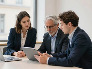 Collaborative working session between a senior consultant and a local business owner in a bright Lyon office, looking at a tablet.