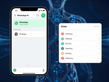 High-fidelity UI mockup showing a simulated WhatsApp AI chat interface on the left side, with a clean CRM pipeline updating fields automatically on the right side, cybernetic blue glow background.