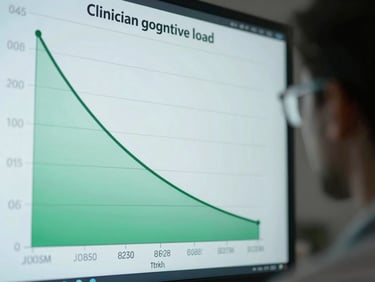 A clean, structured data visualization showing a downward curve of clinician cognitive load metrics over a twelve-month trial period, cool green accents