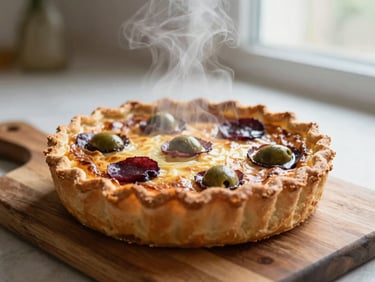 Close-up of a freshly baked quiche lorraine on a rustic wooden board, golden crust, steam rising, soft natural daylight.