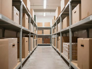 Symmetrical straight-on shot of an organized storage unit containing neatly stacked boxes and wrapped wooden furniture, bright natural interior lighting.