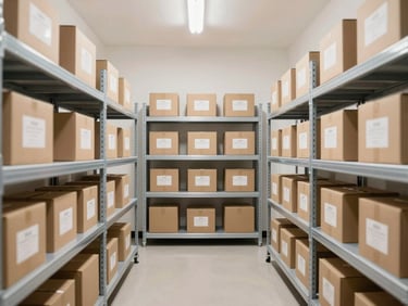Bright well-lit commercial storage room with organized metal shelving units holding labeled inventory boxes, clean and high-trust atmosphere.