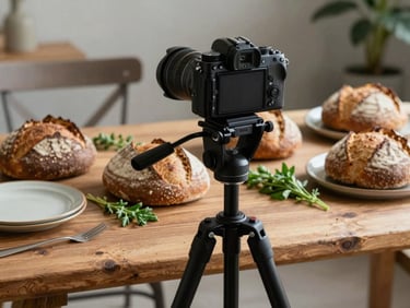 A camera on a tripod positioned over a rustic wooden table, capturing a flat-lay of artisanal sourdough loaves, fresh herbs, and ceramic plates in soft daylight.