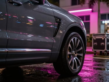 Close-up of a luxury SUV door closing under Miami street neon at night, wet asphalt reflecting magenta light, motion blur on the wheel, equipment cases visible in background