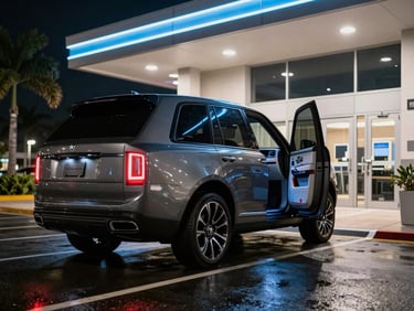 Close-up of a luxury SUV loading flight cases outside a Miami venue entrance at 2 AM, street neon reflecting on wet asphalt, motion implied by open door and equipment in mid-transfer, high-contrast night photography