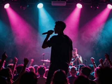 Artist mid-performance on a packed Miami stage, microphone in hand, crowd in the foreground blurred by motion, magenta and cyan stage lights framing the silhouette from behind, high-contrast live event photography