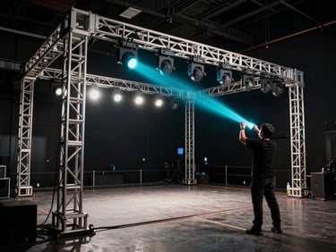 Wide shot of a stage being rigged with truss lighting in a dark Miami venue, crew hands adjusting a beam of cyan light, cables running across the floor, high-contrast industrial scene