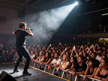 Artist mid-performance on a Miami club stage, spotlight cutting through smoke from stage left, crowd packed to the edge of the barrier, high-contrast electric atmosphere
