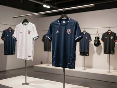 Professional sports apparel and branded equipment showcased on minimalist hangers in an exhibition pavilion.