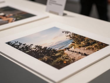 Close-up of premium art prints and structural design assets exhibited at a modern B2B gallery booth.