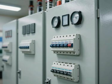 Close detail shot of an electrical control panel in a completed substation, labeled circuit breakers and instrumentation visible under clean fluorescent light, no human figures