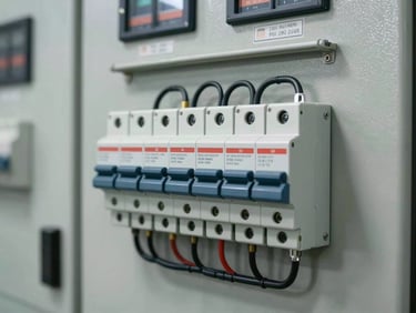 Detail shot of an electrical substation control panel with labeled circuit breakers and wiring, clean studio-style daylight, technical documentation context