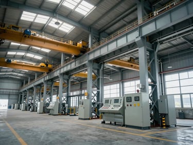 Wide shot of a completed industrial facility interior showing steel structure, overhead cranes, and control panel equipment, clean overcast daylight through skylights, no workers