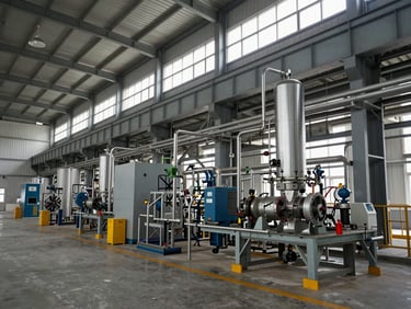 Interior wide shot of a completed industrial plant, steel structure and process equipment in clean operational state, natural light through clerestory windows, no personnel