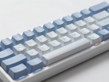 Macro close-up of a high-end mechanical keyboard with custom keycaps under clean studio lighting with soft blue ambient backlighting, minimalist composition, crisp details, 50mm