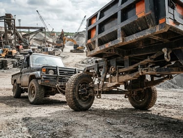 Low-angle heroic shot of a heavy-duty steel cargo trailer attached to a rugged utility vehicle, highlighting the reinforced chassis and robust suspension, high-contrast industrial lighting.