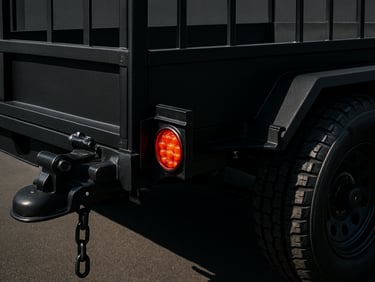 Close-up of a custom utility trailer with high metal rails, rugged tires, focus on the safety coupling and LED tail lights.