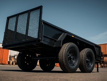 Low-angle shot of a double-axle reinforced utility trailer, heavy-duty suspension visible, steel mesh ramp, outdoor industrial yard.