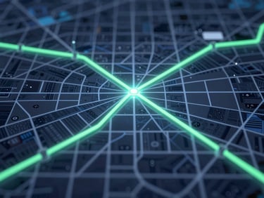 A crisp digital route map on a dark screen showing glowing green transit lines across a metropolitan grid, macro detail, cool blue tones