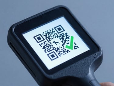Macro close-up of a handheld logistics scanner screen displaying a sharp QR code and green checkmark, cool blue tones, crisp studio lighting