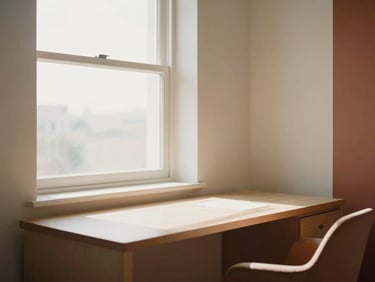 A bright, minimalist study room with a desk positioned near a sunlit window, clean lines, terracotta accents, warm morning light, 35mm