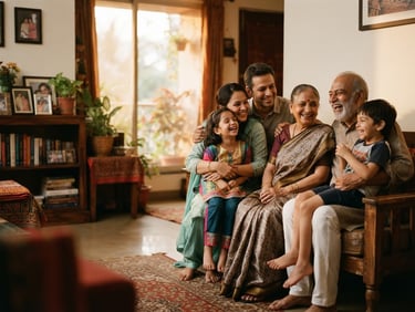 Warm, authentic portrait of a multi-generational Indian family smiling together in a natural home setting, soft golden-hour window light, rich deep tones, shallow depth of field, 35mm, family to the right third of the frame.