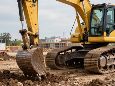 Close-up of a modern yellow crawler excavator bucket digging dark soil on a clean construction site in Vilnius, bright daylight, high contrast
