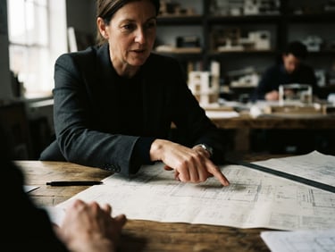 Tight, off-center crop of a partner gesturing over structured architectural blueprints on a heavy timber table, high-contrast natural window light, deep shadows, editorial film photography.