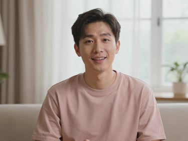 Candid medium shot of a creator speaking warmly to the camera, soft natural window lighting, cozy domestic setting, dusty rose aesthetic