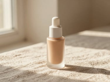 Tactile product shot of a skin tint bottle resting on a textured linen surface, warm golden hour light, soft shadows