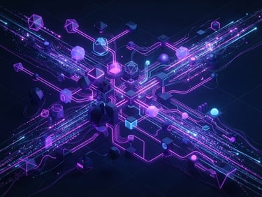Abstract 3D render of data-flow nodes, dark navy and neon violet ambient glow, clean geometric, isometric perspective, with data streams flowing right.