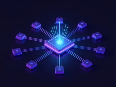 Abstract 3d render of a secure central database node emitting radiant blue signals to surrounding nodes, dark navy background, isometric perspective