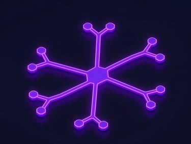 Abstract 3d render of branching neon violet pathways distributing data packets to multiple terminal nodes, dark background, isometric perspective