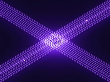 Abstract 3d render of parallel data streams flowing smoothly through a central filtering matrix, neon accents, dark background, isometric perspective
