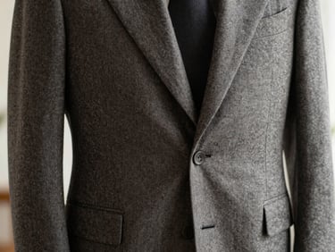 Close-up of premium wool suit fabric texture, herringbone pattern in warm gray, elegant drape
