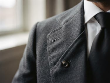 Elegant close-up of a charcoal suit lapel showing master tailoring stitch details, soft natural window light, muted warm gray tones, shallow depth of field, 35mm