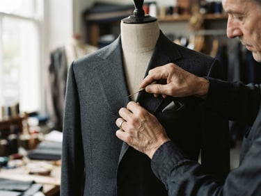 Elegant macro shot of a master tailor adjusting a structured suit lapel on a mannequin, soft natural window light, charcoal gray fabric texture, shallow depth of field, 35mm