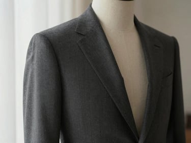 Elegant studio shot of a classic dark gray structured suit on a minimalist mannequin, highlighting the clean shoulder roll and drape
