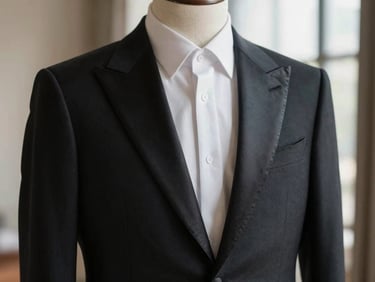 High-end black tuxedo with satin peak lapels on a mannequin, soft dramatic studio lighting highlighting the lapel edge
