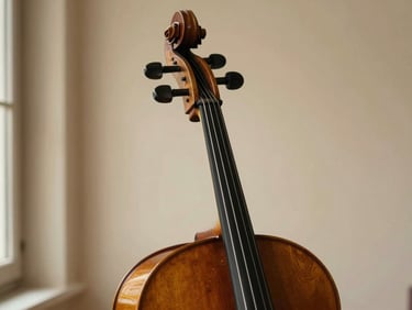 Paolo Tedesco's cello scroll and pegbox in sharp detail, warm north-facing daylight from left, cream wall background, grain visible in the wood varnish