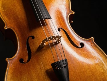 Close detail of cello bridge and f-holes under raking stage light, strings casting thin shadows across the spruce top, black background