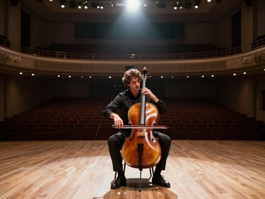 Wide stage shot of Paolo Tedesco seated with cello, single spotlight from above, empty concert hall seats visible in deep background, high contrast