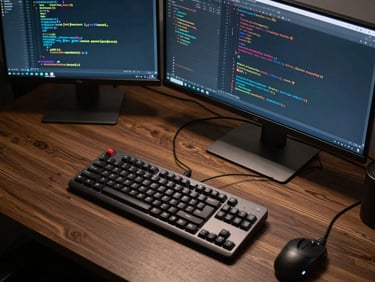 Overhead desk setup of an Android developer workspace, dark environment, mechanical keyboard, and dual monitors displaying native Kotlin code blocks in a clean IDE.