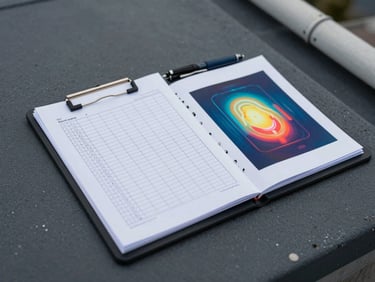 Oblique overhead view of a field technician's clipboard on a flat roof surface, handwritten inspection grid partially filled, a thermal imaging printout clipped alongside, diffuse overcast light, dark membrane visible beneath, no shadows
