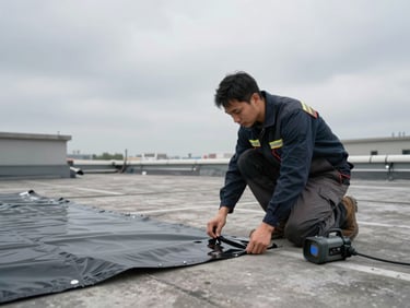 Wide oblique angle of a flat rooftop under overcast grey sky, technician in work gear crouching to place a temporary waterproof membrane patch, thermal imaging camera resting beside them, industrial rooftop context visible in background, documentary style, no smiling